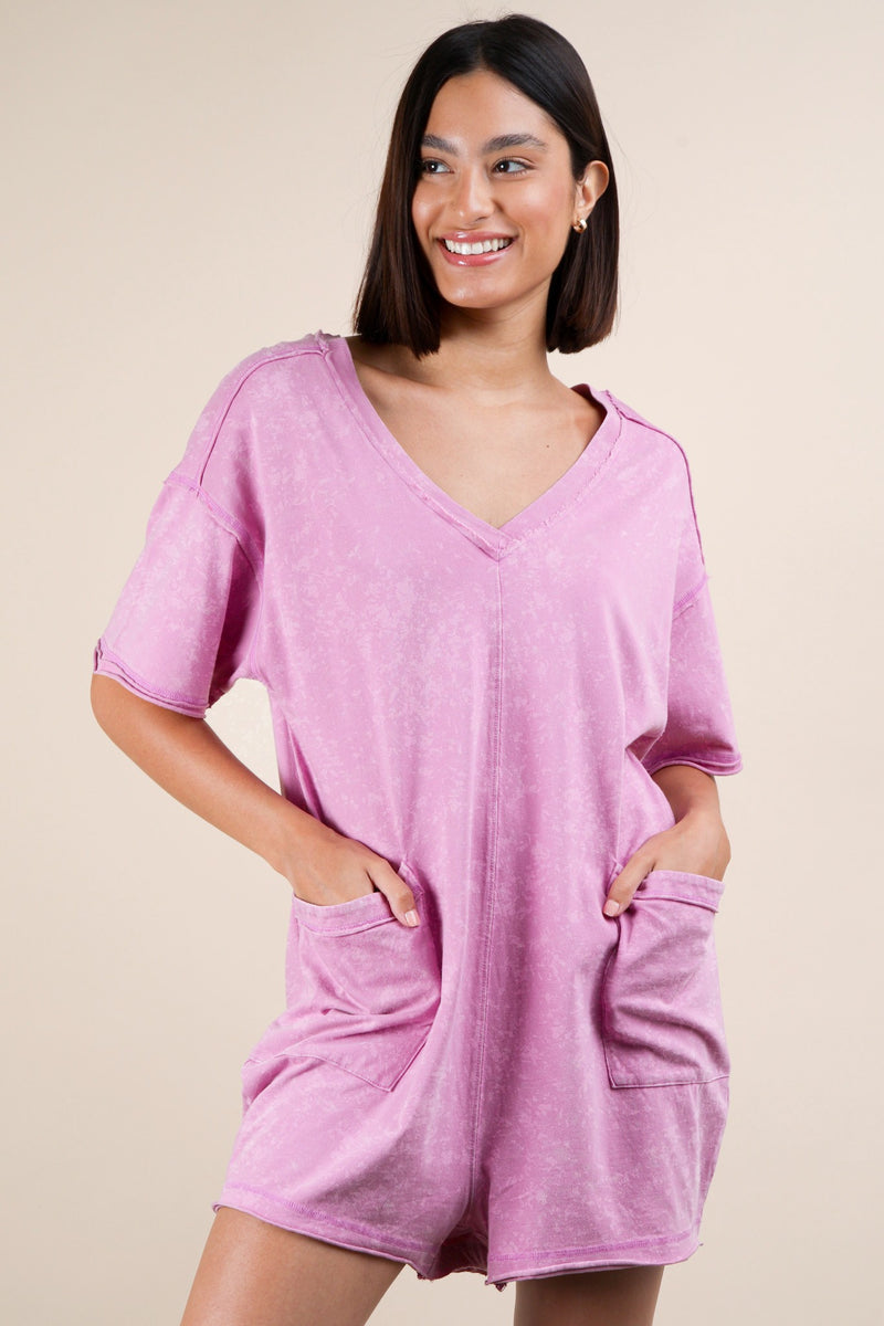 Kinsley Mineral Washed Oversized Romper, Orchid