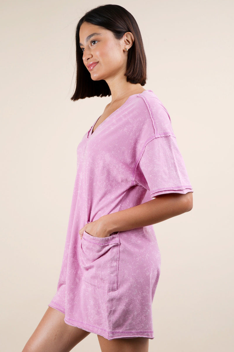 Kinsley Mineral Washed Oversized Romper, Orchid