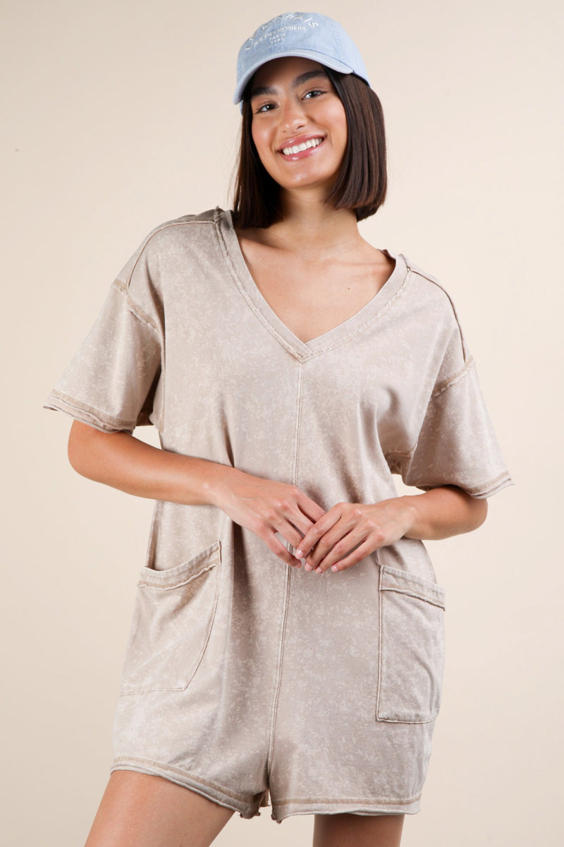 Kinsley Mineral Washed Oversized Romper, Taupe