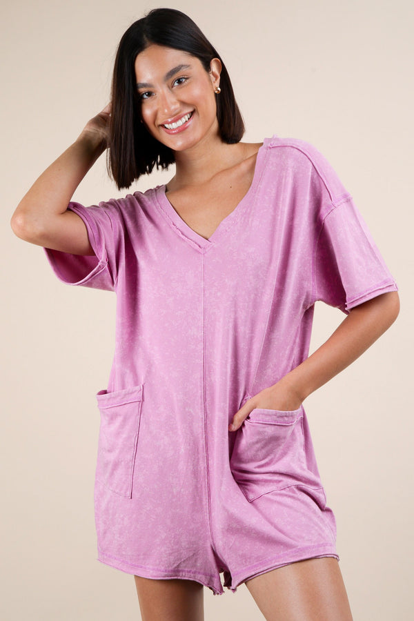 Kinsley Mineral Washed Oversized Romper, Orchid