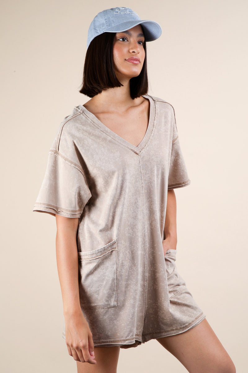 Kinsley Mineral Washed Oversized Romper, Taupe