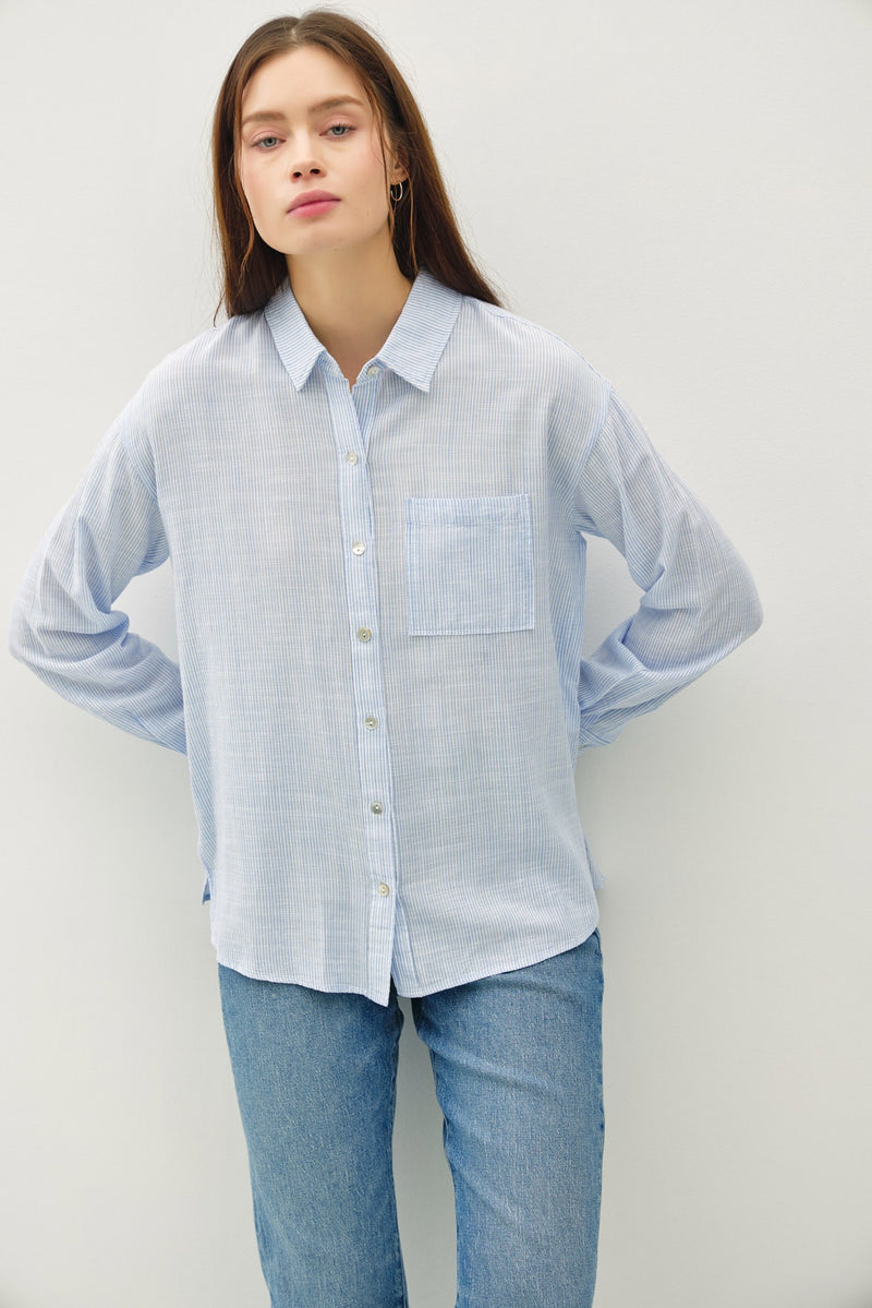 Sierra Pinstripe Button Down Shirt, Chambray