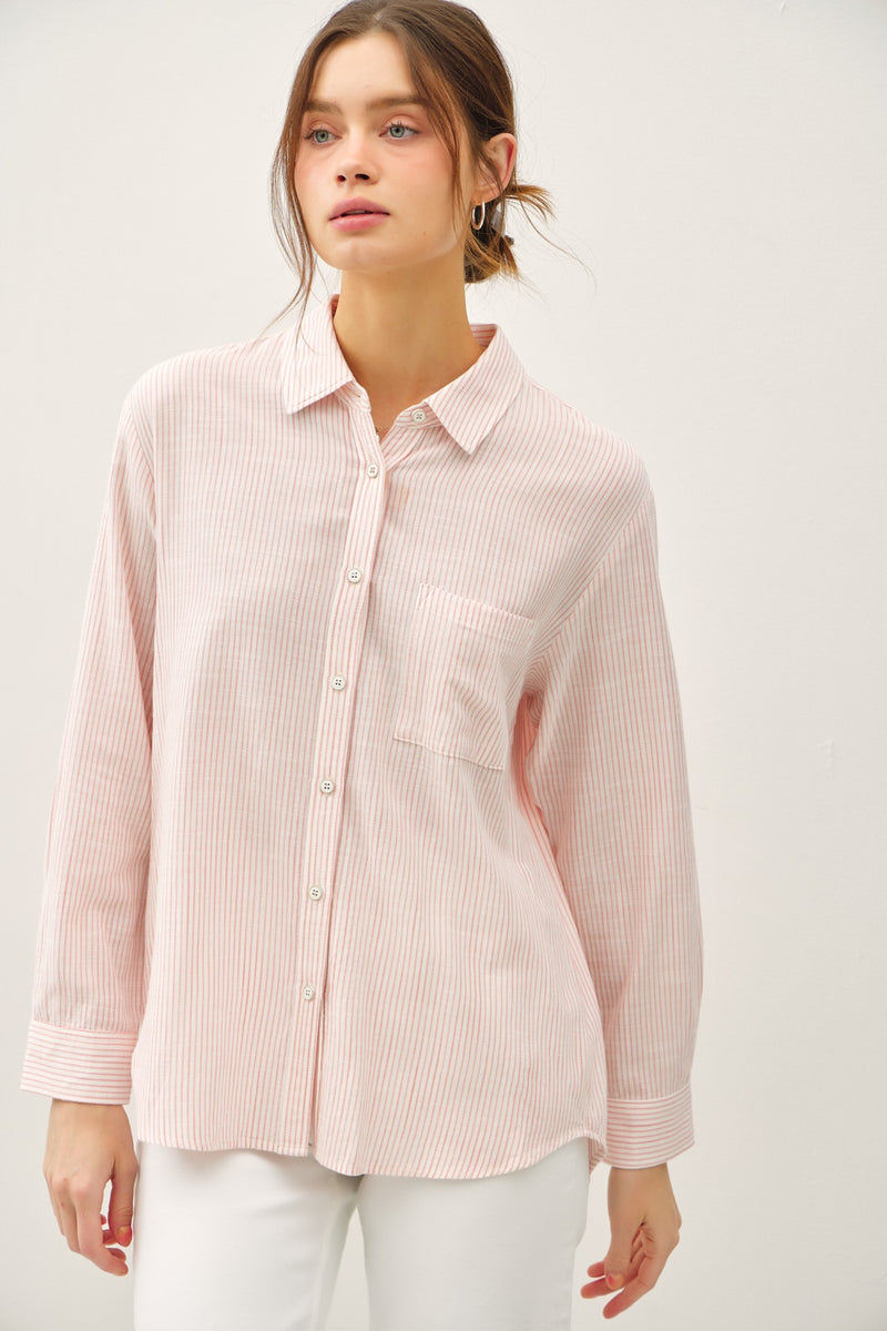 Odessa Pinstripe Button Up Shirt, Light Coral