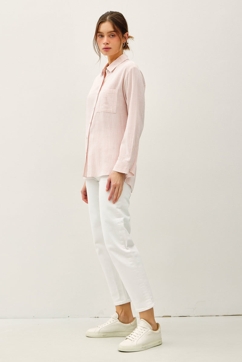 Odessa Pinstripe Button Up Shirt, Light Coral