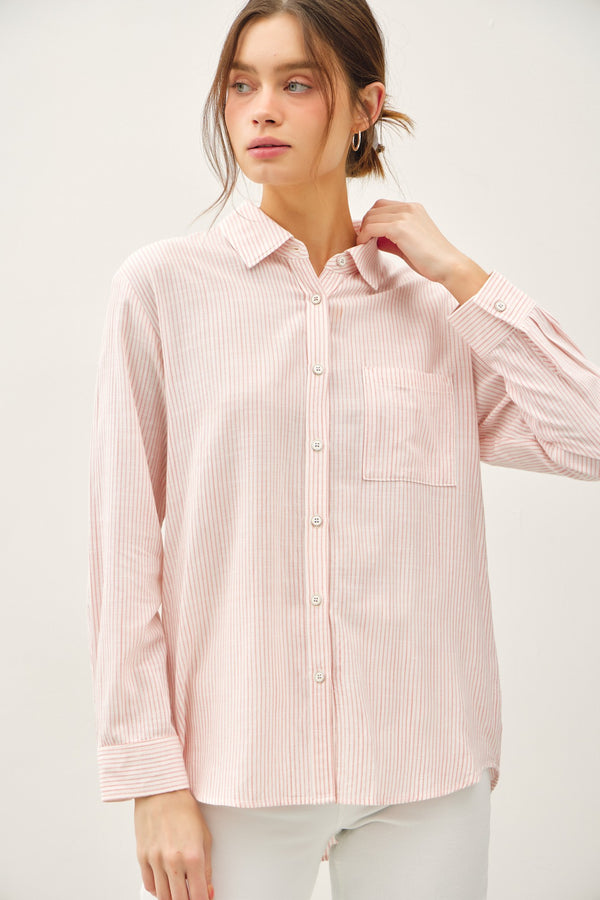 Odessa Pinstripe Button Up Shirt, Light Coral