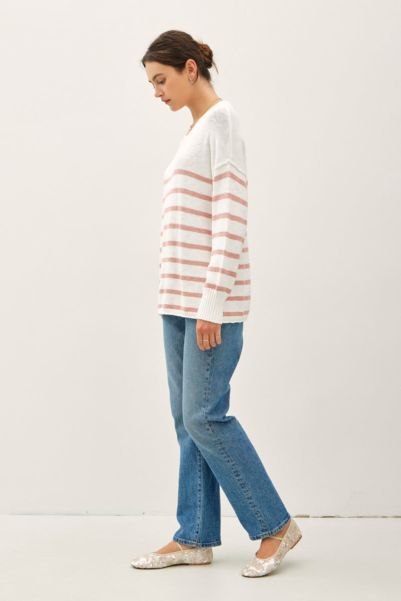 Kinsey Striped Exposed Seam Sweater, Spring Coral