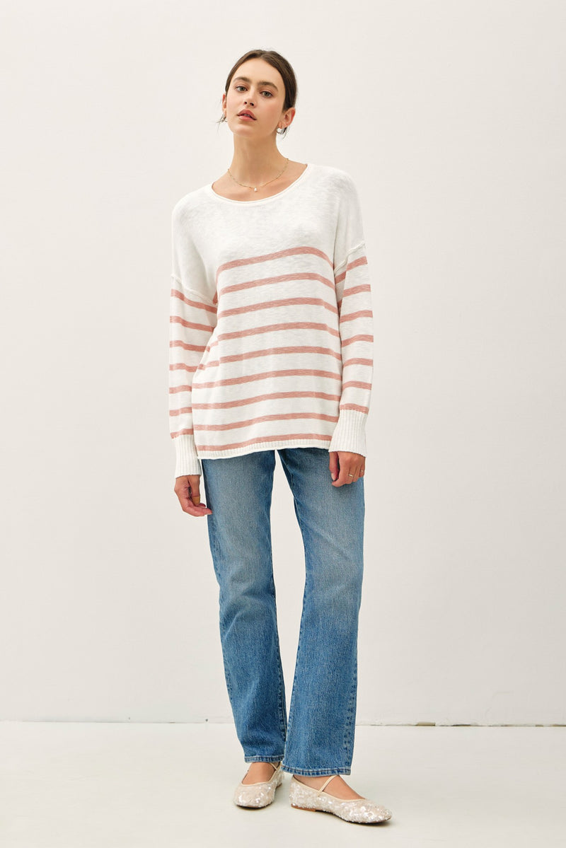 Kinsey Striped Exposed Seam Sweater, Spring Coral