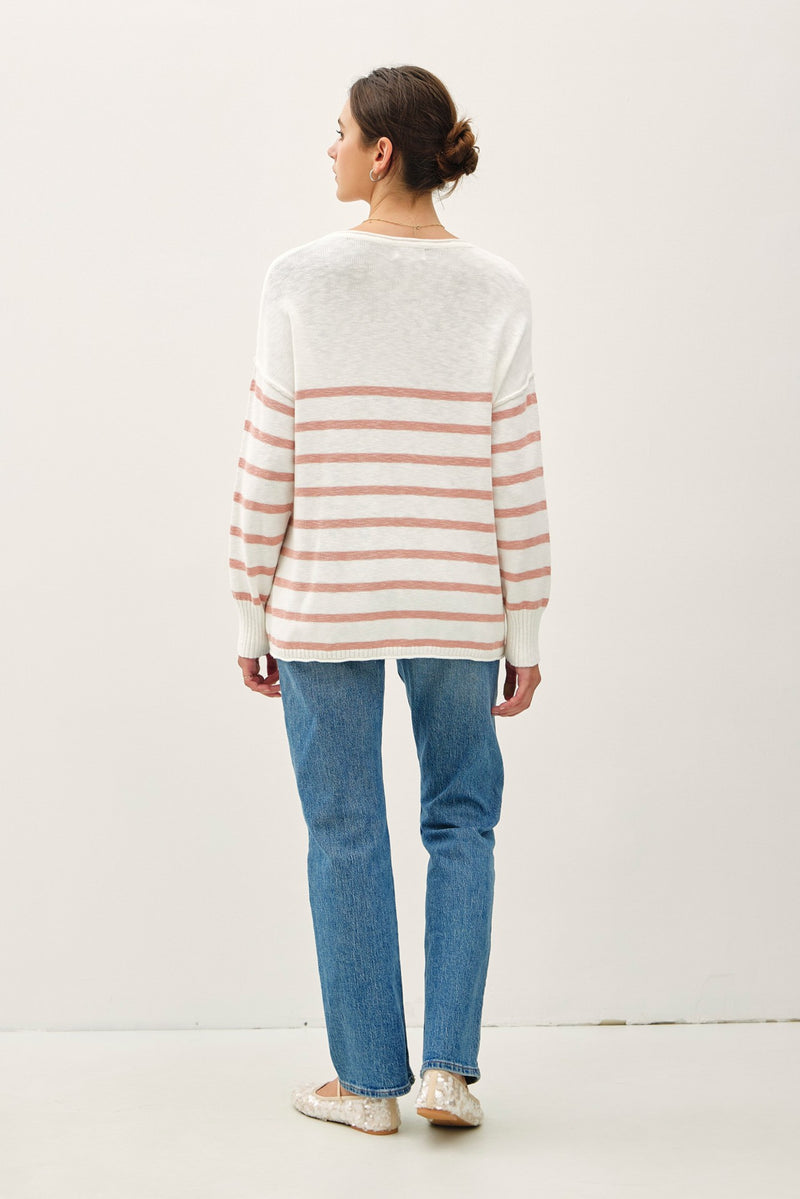 Kinsey Striped Exposed Seam Sweater, Spring Coral