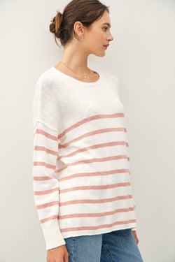 Kinsey Striped Exposed Seam Sweater, Spring Coral