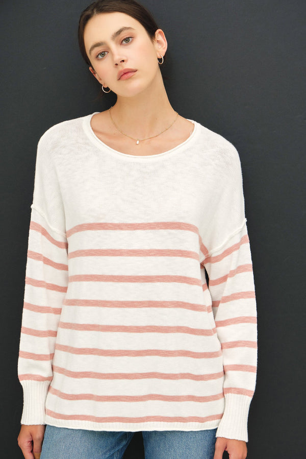 Kinsey Striped Exposed Seam Sweater, Spring Coral