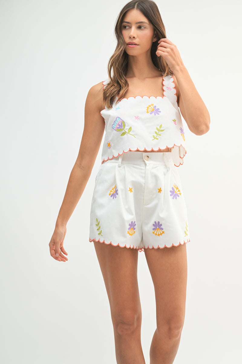 Eloise Embroidered Crop Top & Shorts Set, Off White