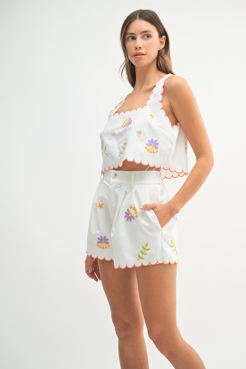 Eloise Embroidered Crop Top & Shorts Set, Off White