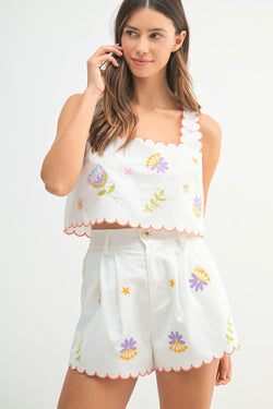 Eloise Embroidered Crop Top & Shorts Set, Off White