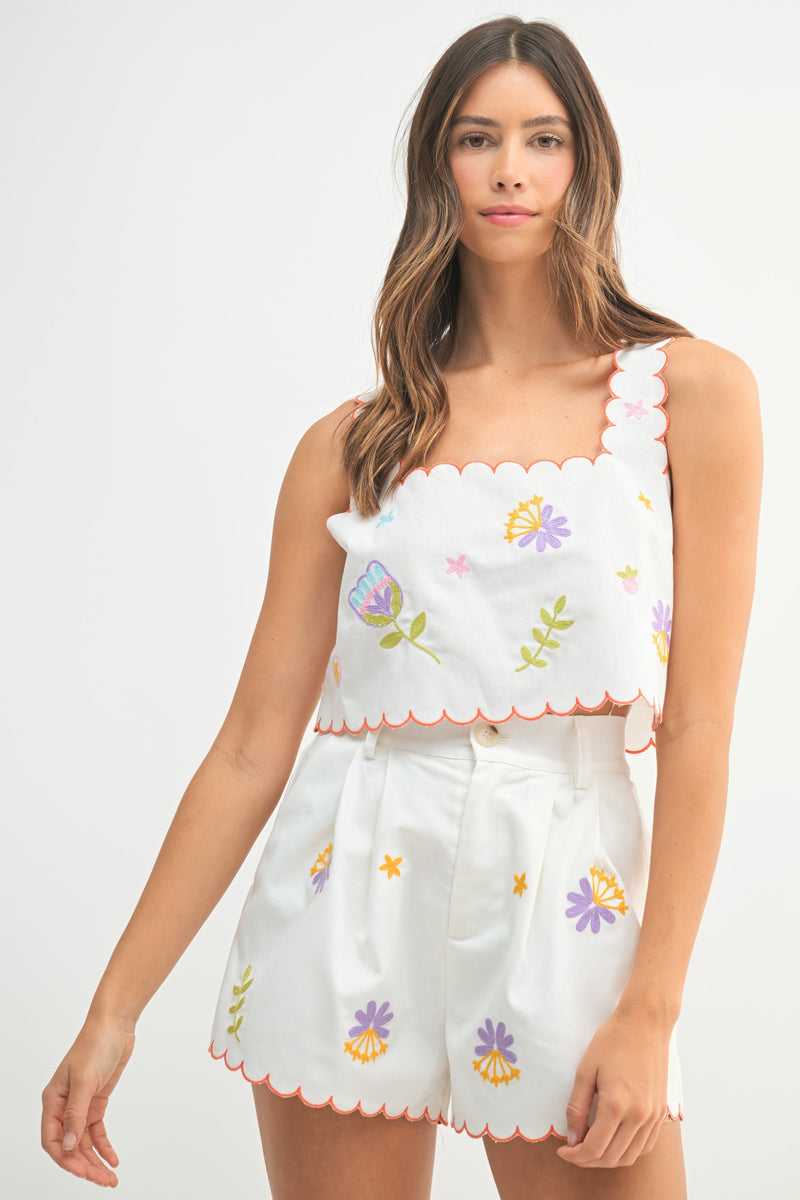 Eloise Embroidered Crop Top & Shorts Set, Off White