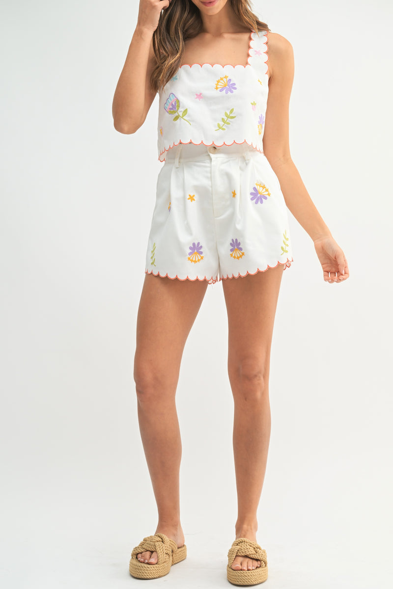 Eloise Embroidered Crop Top & Shorts Set, Off White