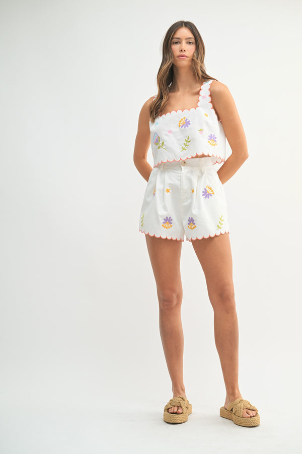 Eloise Embroidered Crop Top & Shorts Set, Off White