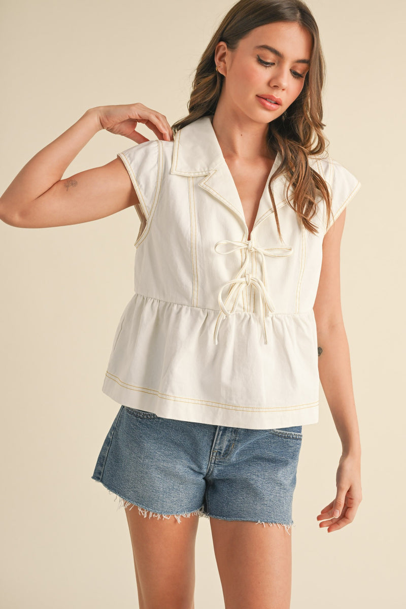 Evelyn Collared Babydoll Top, Snow Denim