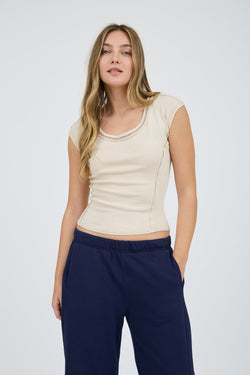 Zoe Scoop Neck Exposed Seam Top, Khaki