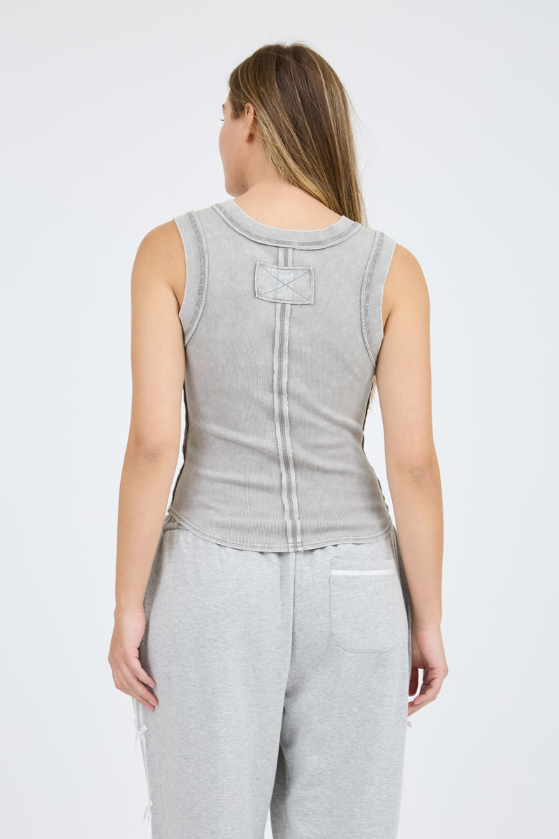 Lucy Washed Henley Tank Top, Grey