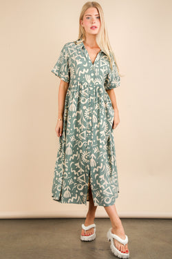 Kylie Printed Button Down Dress, Sage Mix