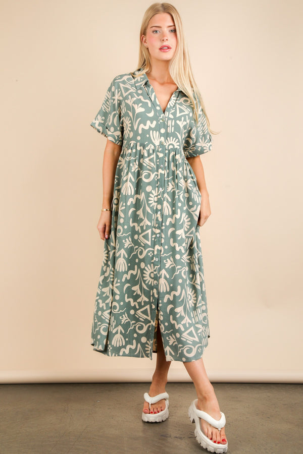 Kylie Printed Button Down Dress, Sage Mix