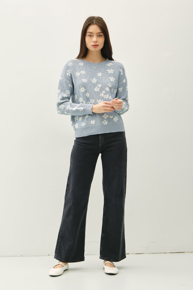 Jimena Floral Drop Shoulder Sweater, Slate Blue