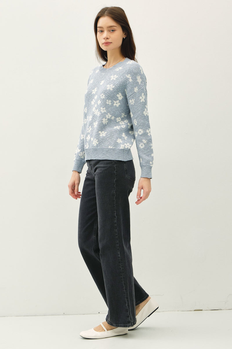 Jimena Floral Drop Shoulder Sweater, Slate Blue