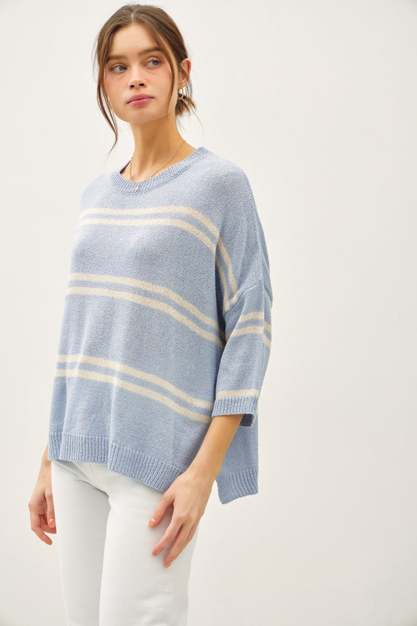 Danica Striped Drop Shoulder Sweater Top, Slate Blue