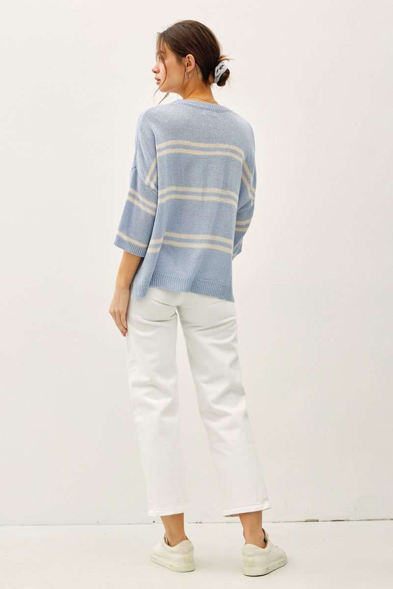 Danica Striped Drop Shoulder Sweater Top, Slate Blue