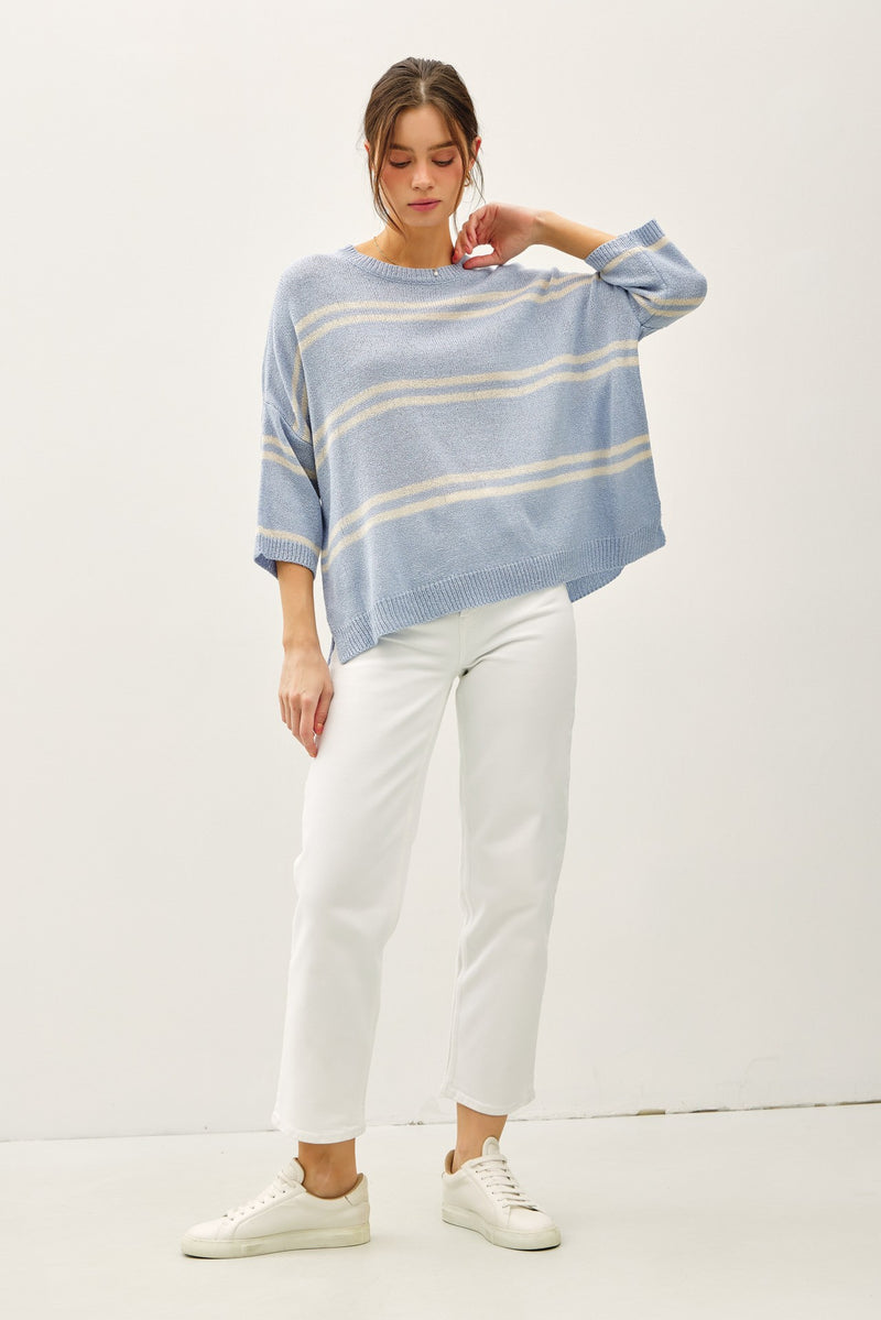 Danica Striped Drop Shoulder Sweater Top, Slate Blue