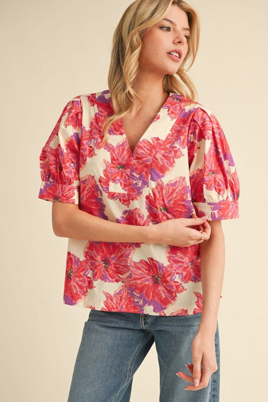 Eden Floral Puff Sleeve Top, Red Mix