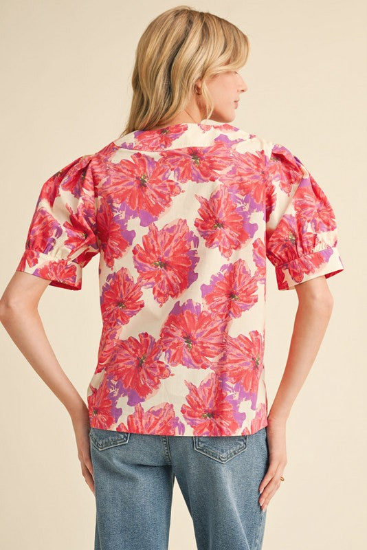 Eden Floral Puff Sleeve Top, Red Mix