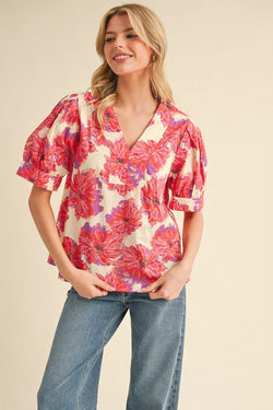 Eden Floral Puff Sleeve Top, Red Mix