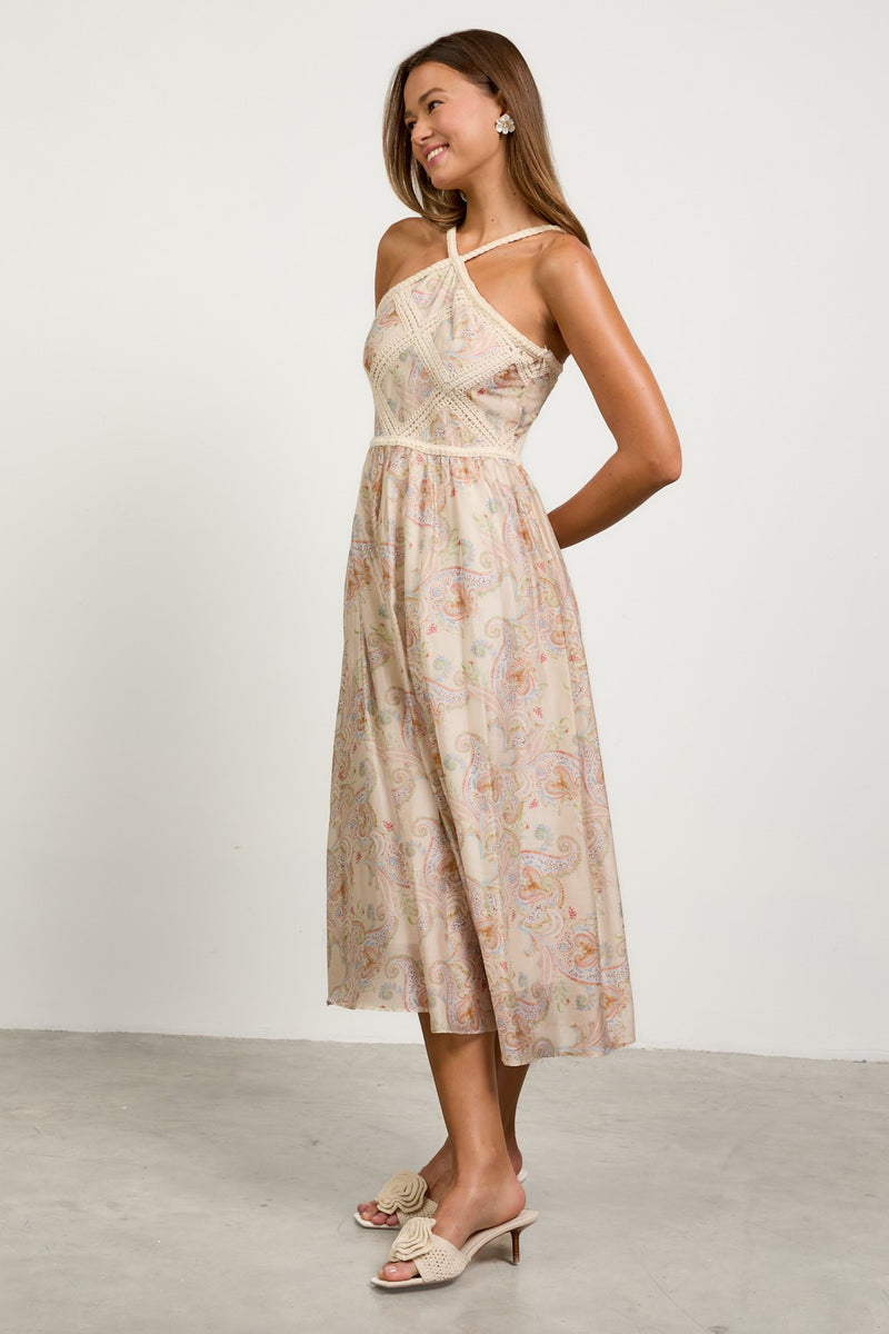 Valerie Paisley Halter Neck Dress, Cream Multi