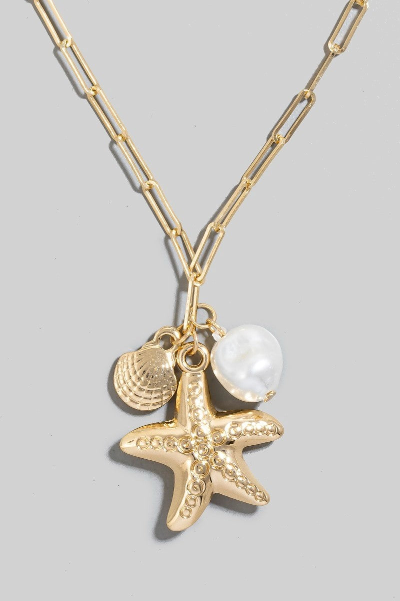 Starfish, Clam & Pearl Charm Necklace, Gold