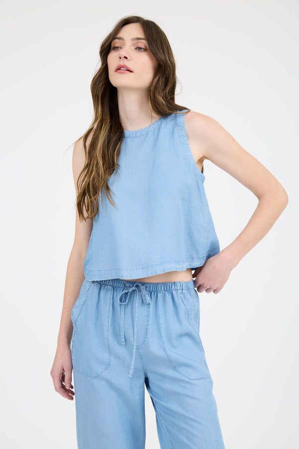 Reese Round Neck Back Button Top, Chambray