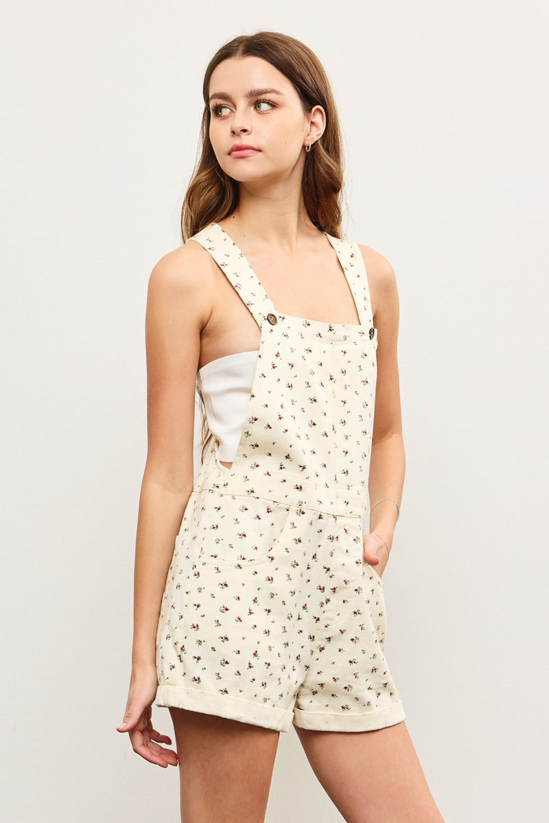 Ava Ditsy Floral Short Overalls, Ecru