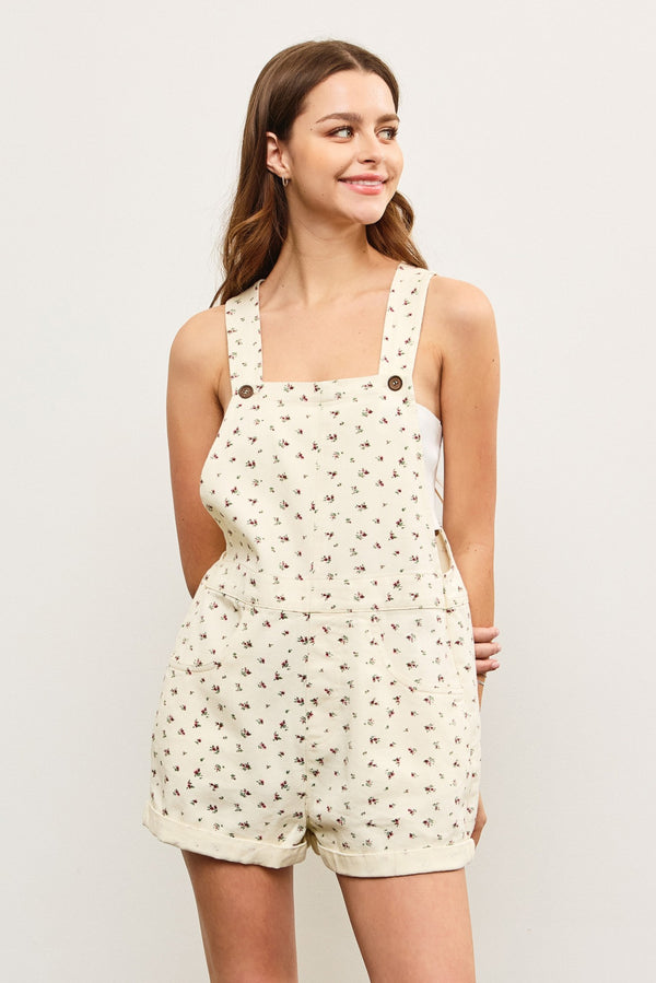 Ava Ditsy Floral Short Overalls, Ecru