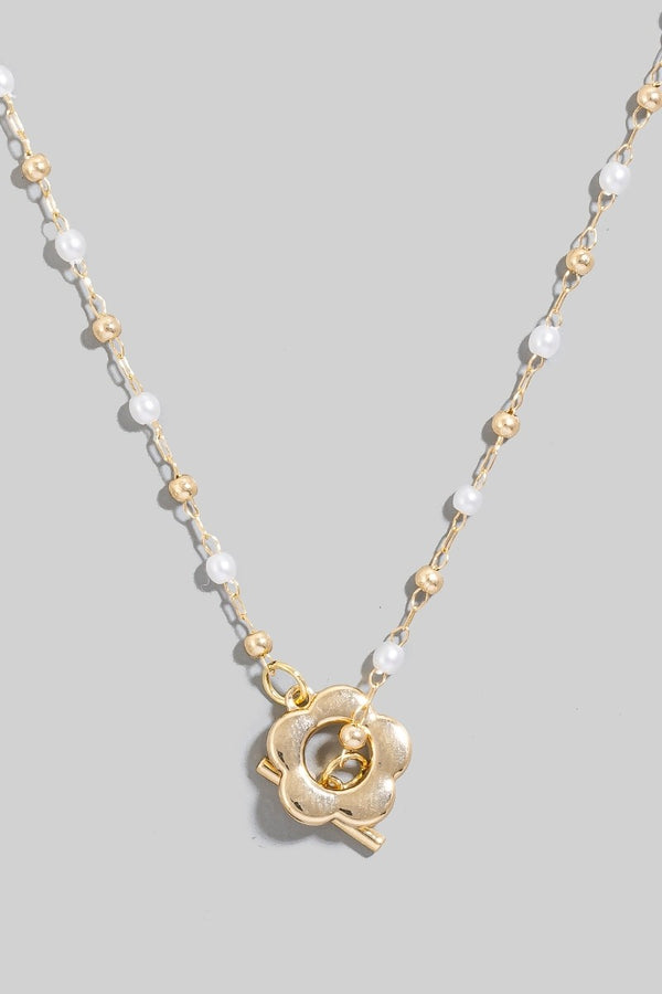 Flower Pendant Pearl Beaded Necklace, Gold/Cream