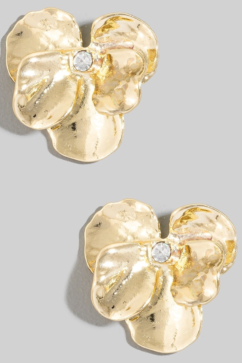 Metal Flower Rhinestone Stud Earring, Gold