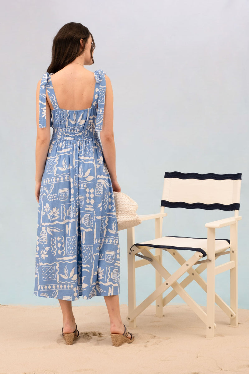 Marianna Tie Strap Printed Midi Dress, Blue