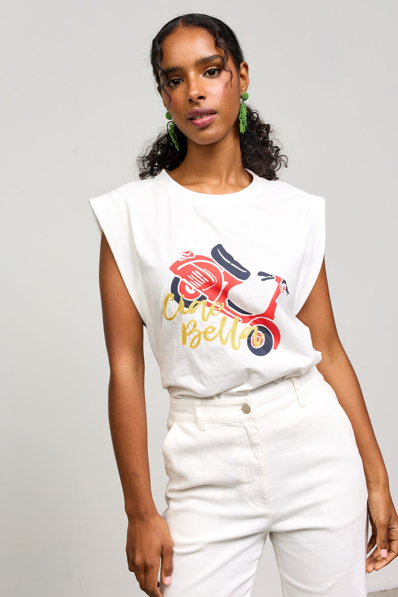 Ciao Bella Sleeveless Graphic Tee, Off White-Red