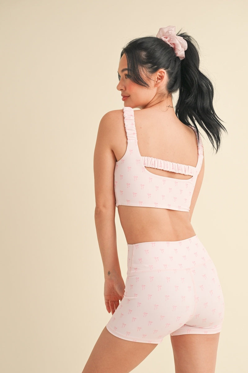 Samantha Bow Print Ruched Bra Top, Pink Bows