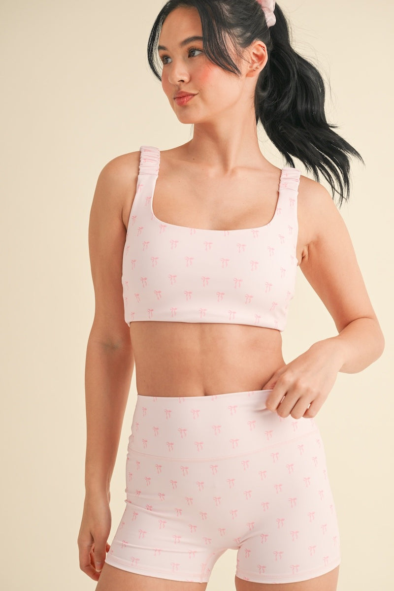 Samantha Bow Print Ruched Bra Top, Pink Bows