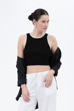 Chloe Whipstitch Contrast Crop Tank, Black