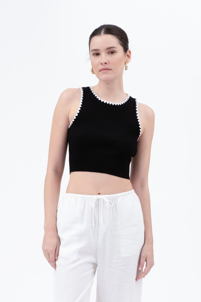 Chloe Whipstitch Contrast Crop Tank, Black