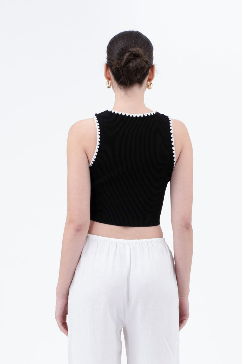 Chloe Whipstitch Contrast Crop Tank, Black