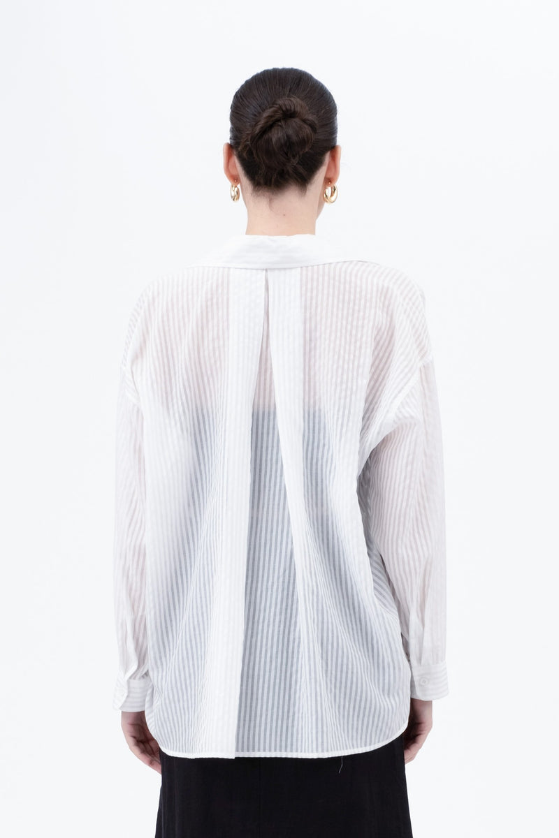 Laurel Striped Sheer Button Down Top, White