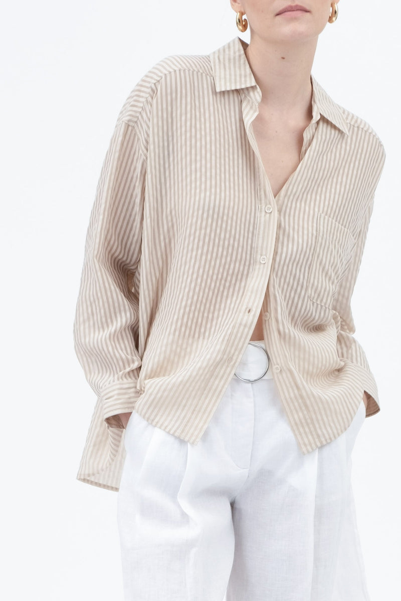 Laurel Striped Sheer Button Down Top, Light Khaki