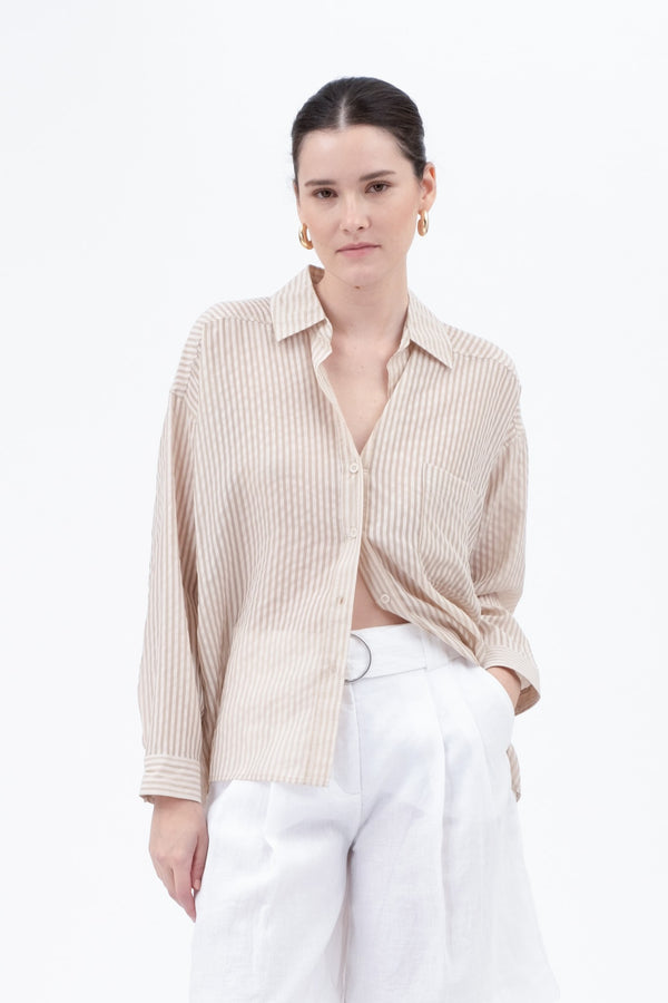 Laurel Striped Sheer Button Down Top, Light Khaki